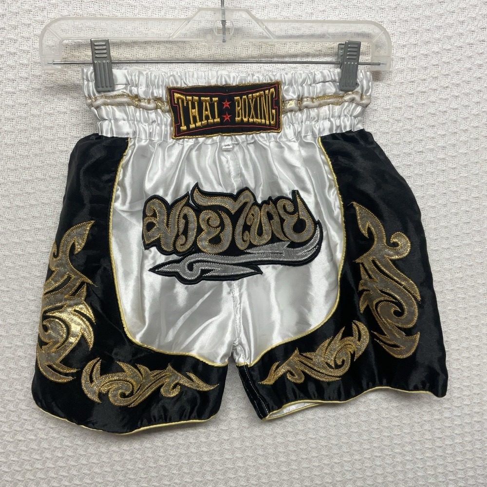 Muay Thai Shorts Medium 24x4"Boxing Kickboxing Black Gold Trim Sport Embroidered